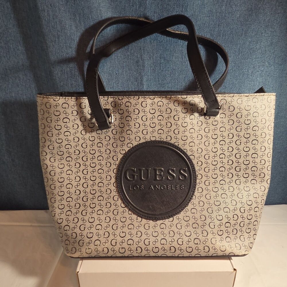 Guess Los Angeles Monogram Tote Bag Gray Black Shoulder Purse